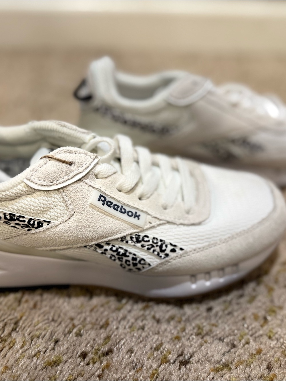 Reebok Fort Racer Off-White Sneakers with Black Leopard Accents